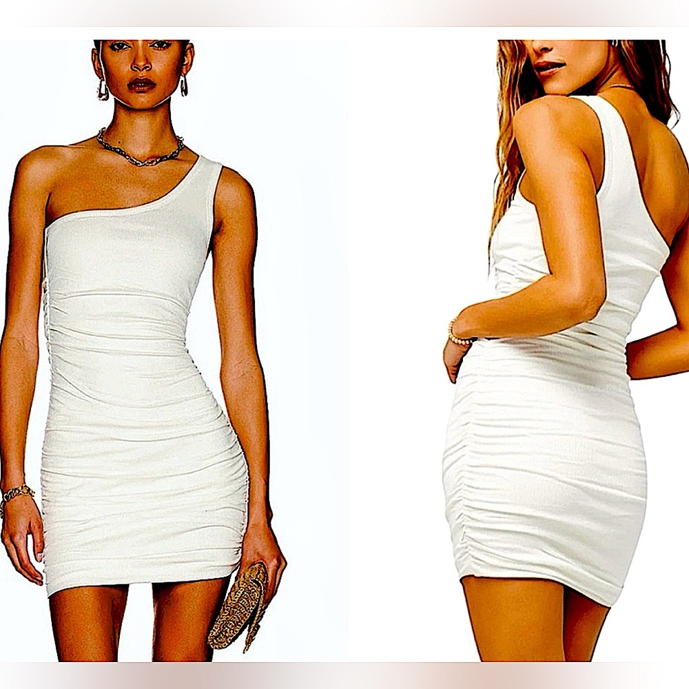 LSPACE REVOLVE ONE SHOULDER RUCHED RIBBED MINI ALANA DRESS CREAM SIZE SMALL NWT